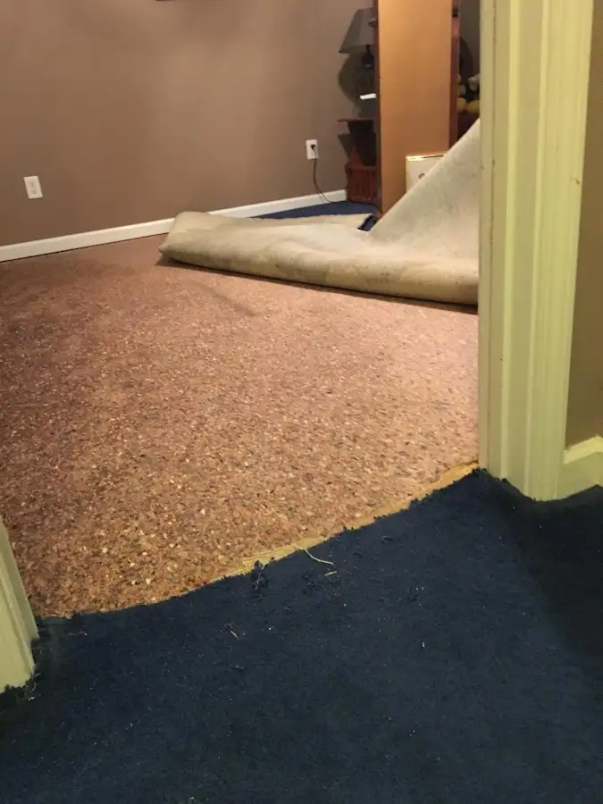 Carpet pad removal revealing water damage during Water Mitigation Services in Westbrook