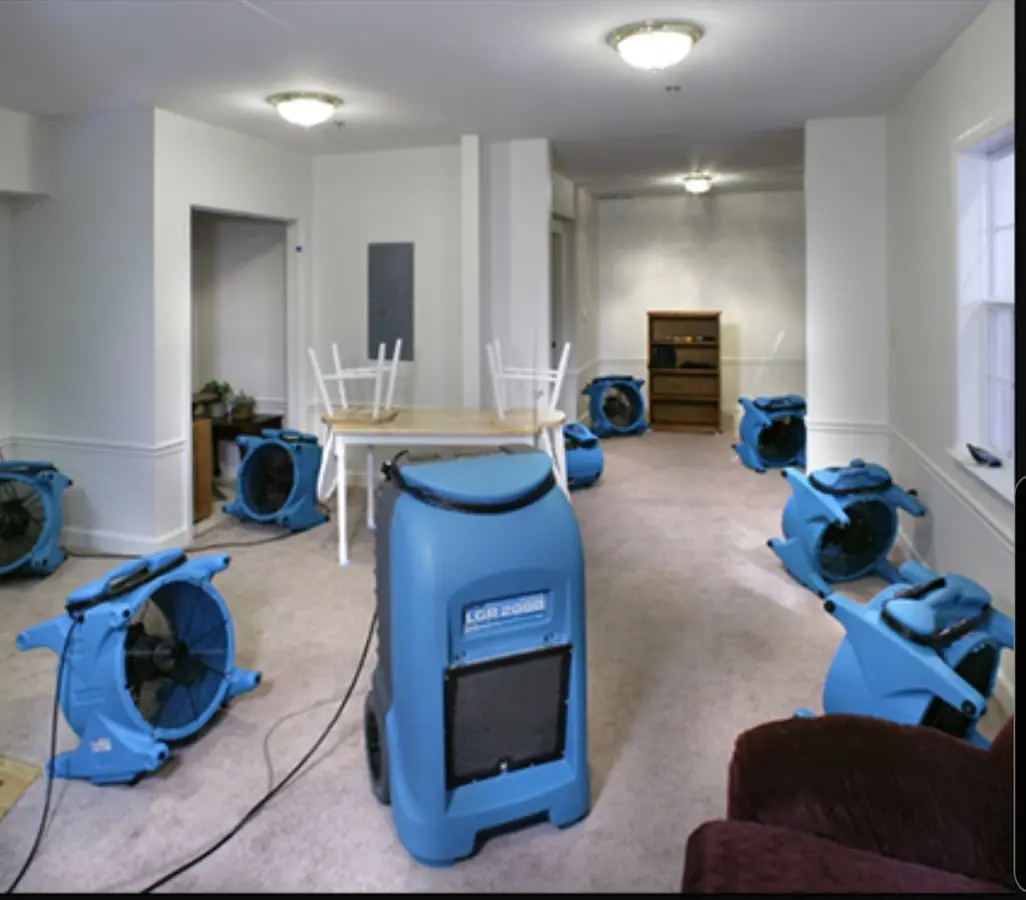 Air movers and dehumidifier setup for Water Damage Restoration in Westbrook
